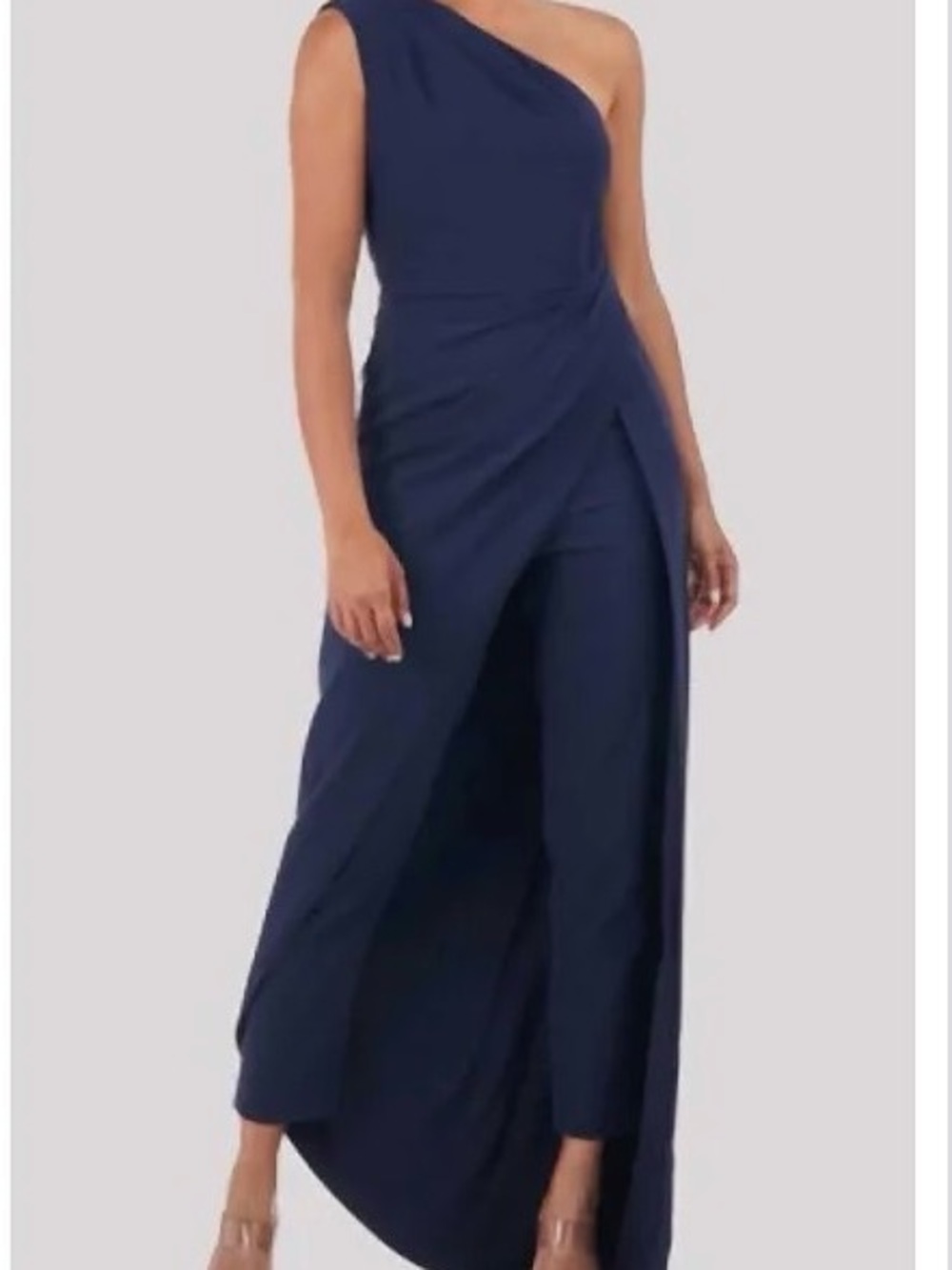 Kay Unger One-Shoulder Navy Jumpsuit with Draped Overlay